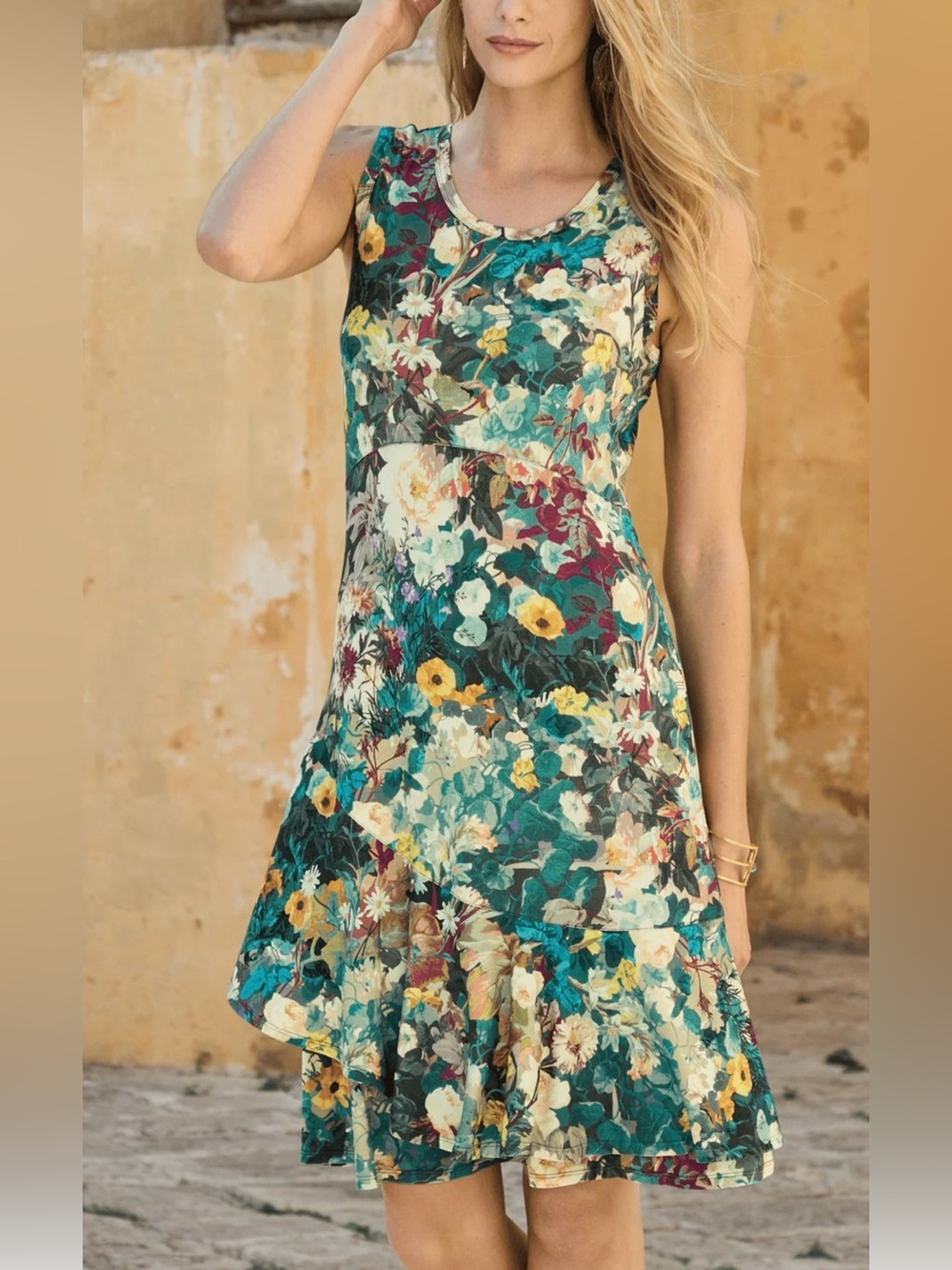 Peruvian Connection Camellia Floral Sleeveless Dress Size M Asymmetrical Boho